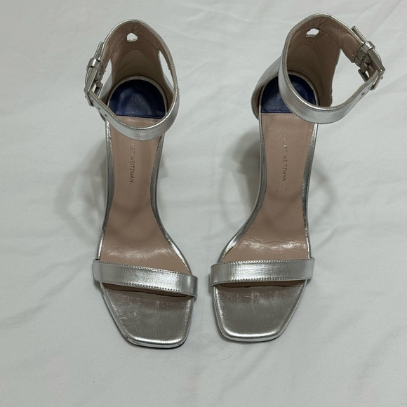 Stuart Weitzman Metallic Silver Leather Strap Heels - Nudistcurve Sandal - Picture 3 of 6